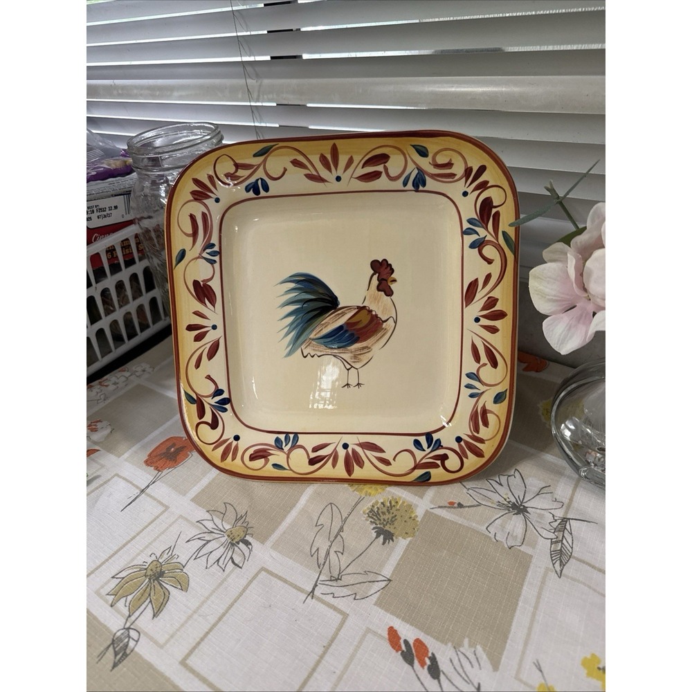 Tabletops Gallery "Country Rooster" Square Plate Hand Painted 10.5 in